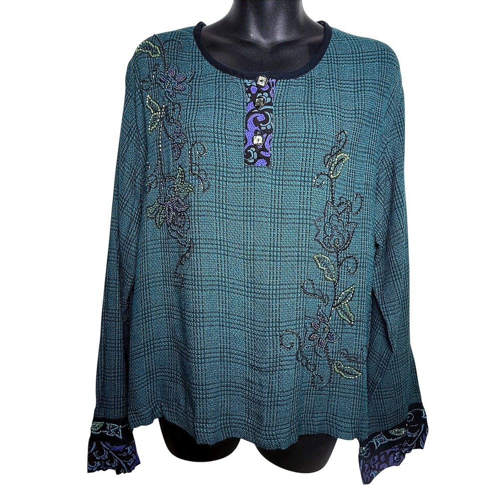 Faith by Celia Forrester Womens Embroidered Beaded Plaid Long Sleeve Tunic XL - Picture 2 of 11